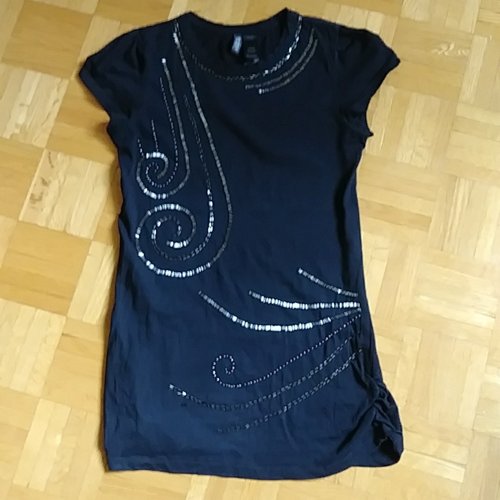 Y2K Bisou Bisou 100% cotton t-shirt micro mini black beaded dress top sz S